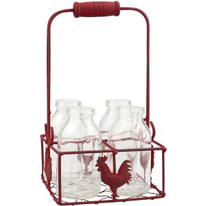 Small Milk Bottles in Metal Rooster Container with Wood Handle, 4 Bottles   564060061